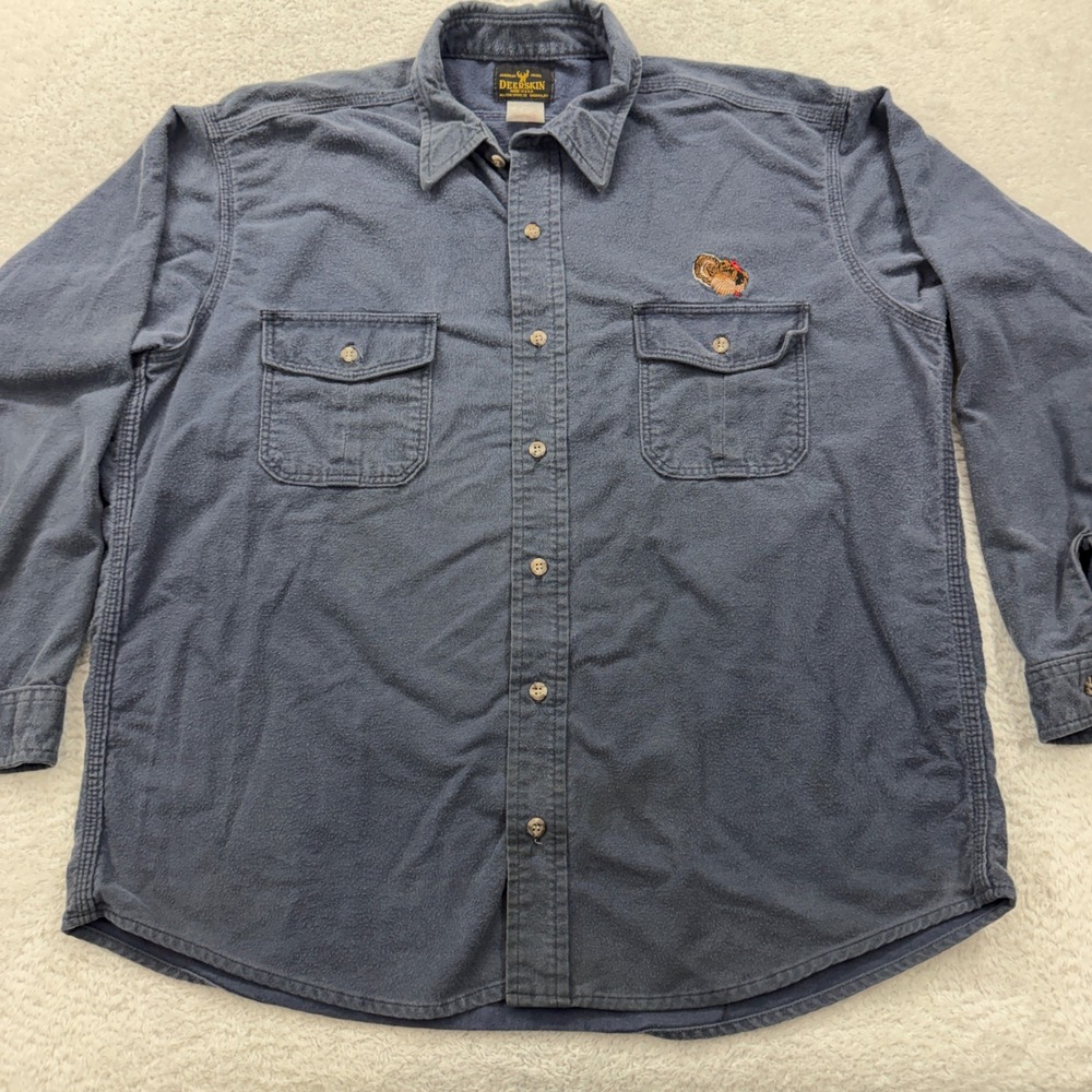 Deerskin Mens Blue Button Down Flannel Shirt Turkey Embroidered Long Sleeve 2XL